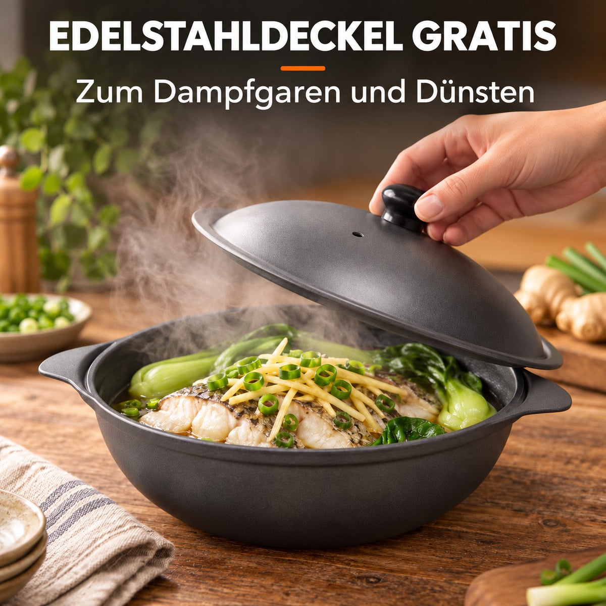 Le Maisan – Wok Gusseisen Emailliert, EDELSTAHLDECKEL GRATIS: Zum Dampfgaren und Dünsten