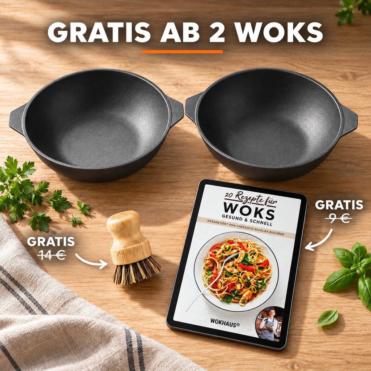 Le Maisan – Wok Gusseisen Emailliert, GRATIS AB 2 WOKS: Bambusbürste (14 €), Rezeptbuch (9 €)