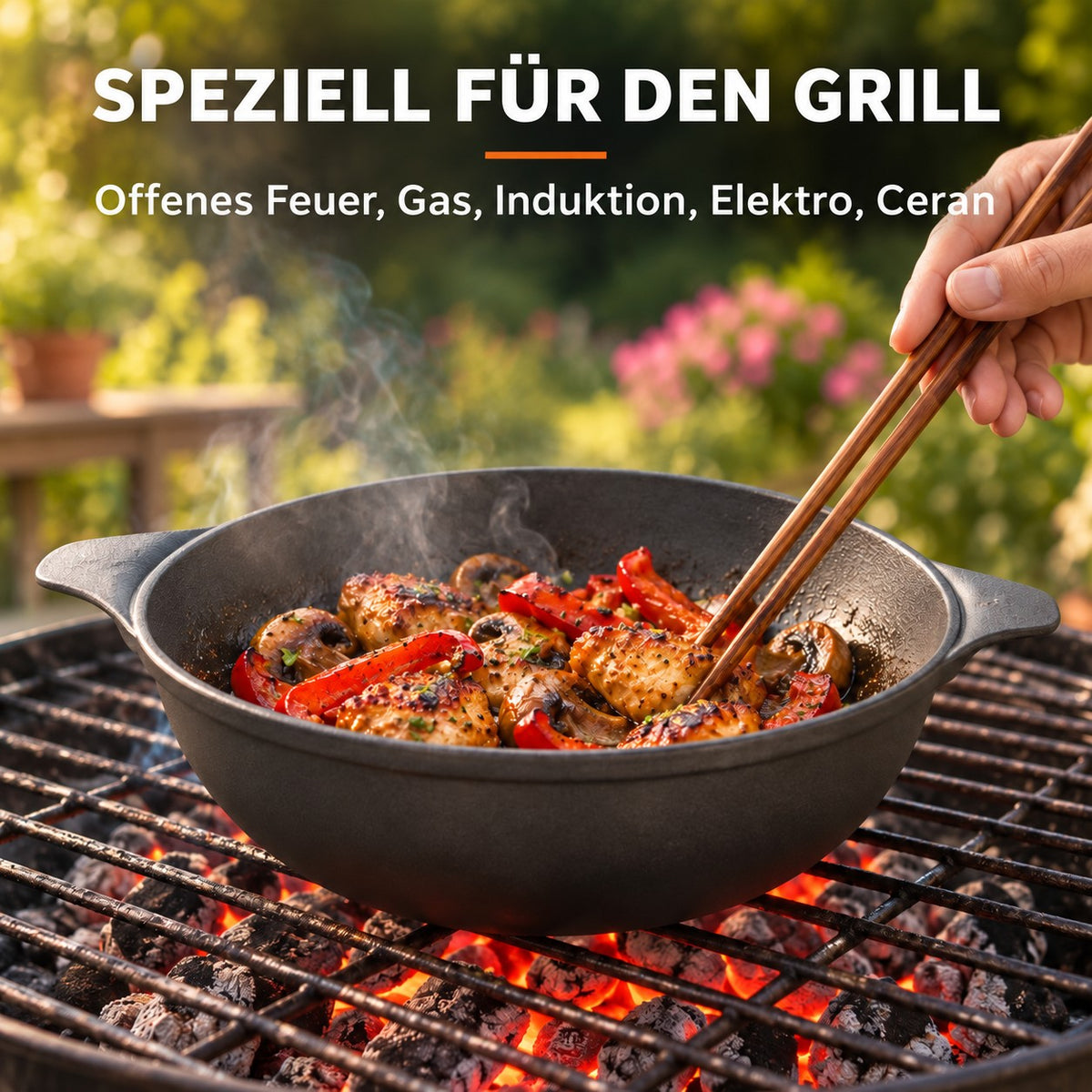 Le Maisan – Wok Gusseisen Emailliert, SPEZIELL FÜR DEN GRILL: Offenes Feuer, Gas, Induktion, Elektro, Ceran