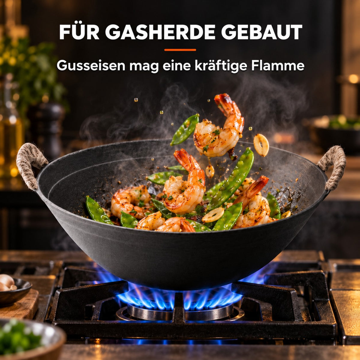 Le Ontake – Wok Gusseisen, FÜR GASHERDE GEBAUT: Gusseisen mag eine kräftige Flamme
