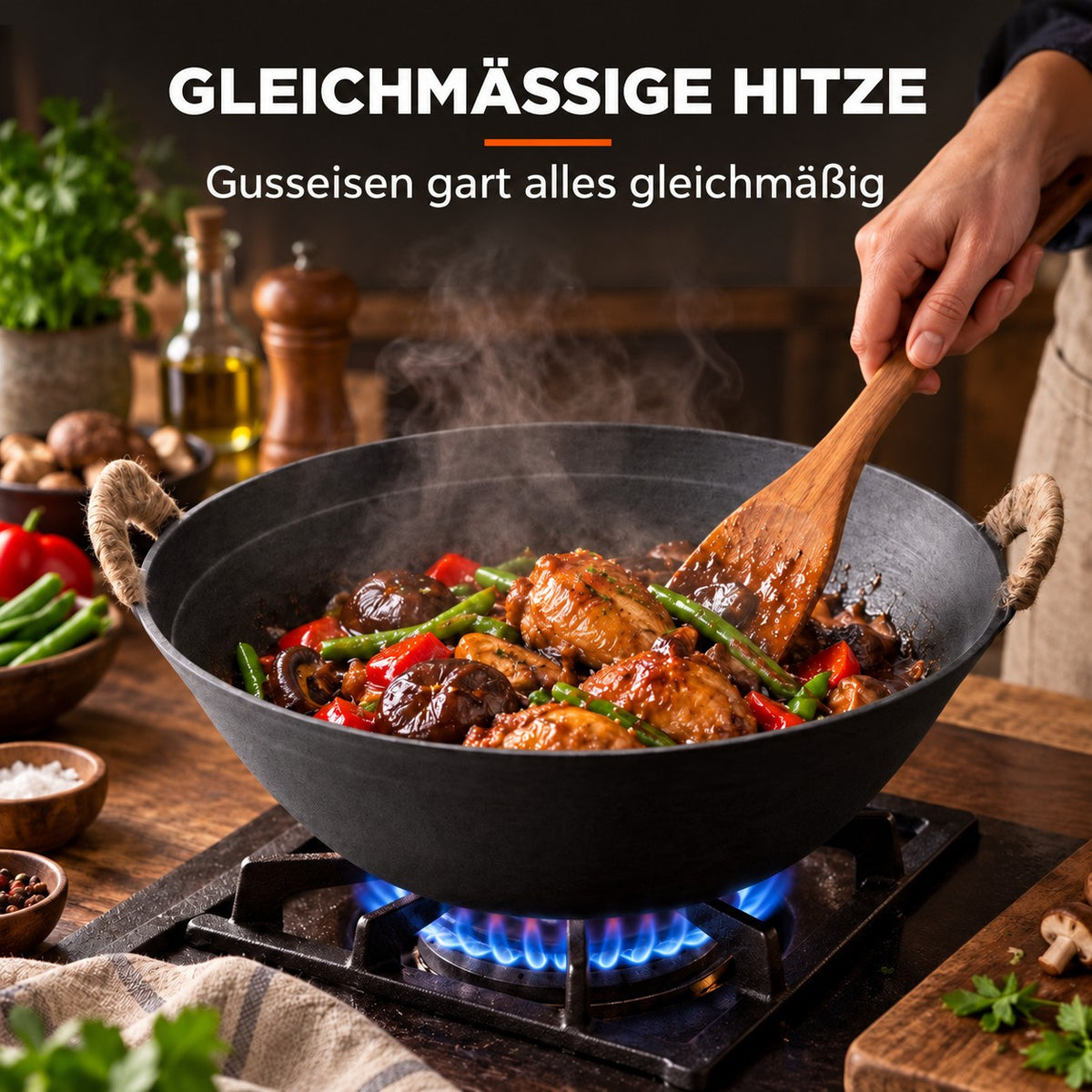 Le Ontake – Wok Gusseisen, GLEICHMÄSSIGE HITZE: Gusseisen gart alles gleichmäßig
