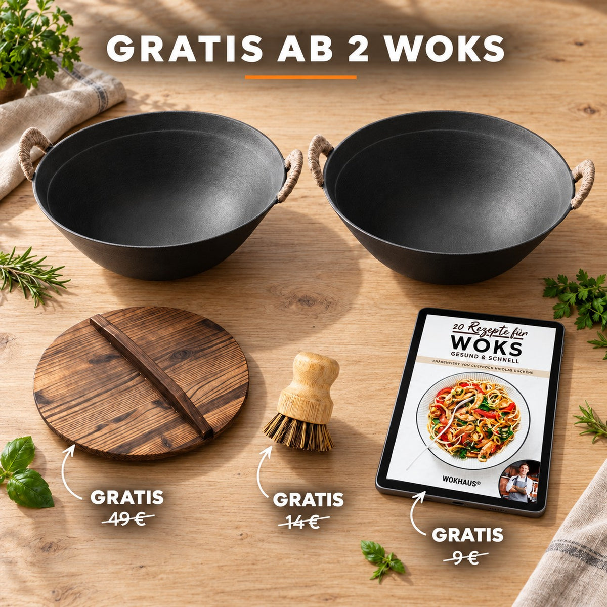 Le Ontake – Wok Gusseisen, GRATIS AB 2 WOKS: Holzdeckel (49 €), Bambusbürste (14 €), Rezeptbuch (9 €)
