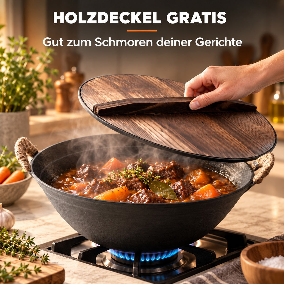Le Ontake – Wok Gusseisen, HOLZDECKEL GRATIS: Gut zum Schmoren deiner Gerichte