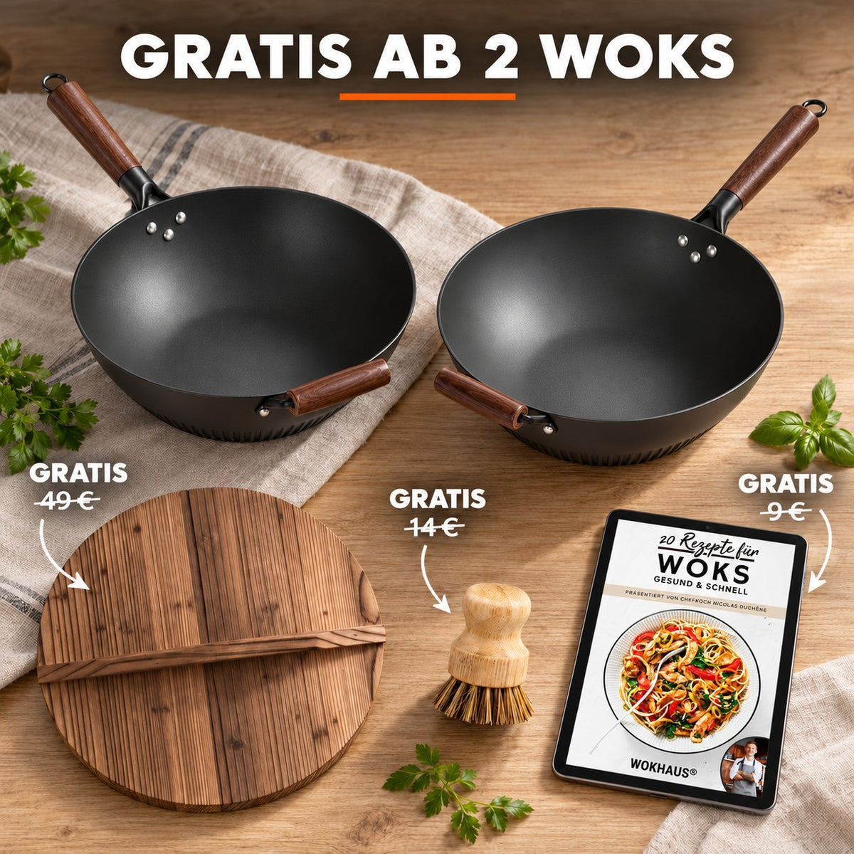 Le Rausu – Wok Gusseisen mit Deckel, GRATIS AB 2 WOKS: Holzdeckel (49 €), Bambusbürste (14 €), Rezeptbuch (9 €)