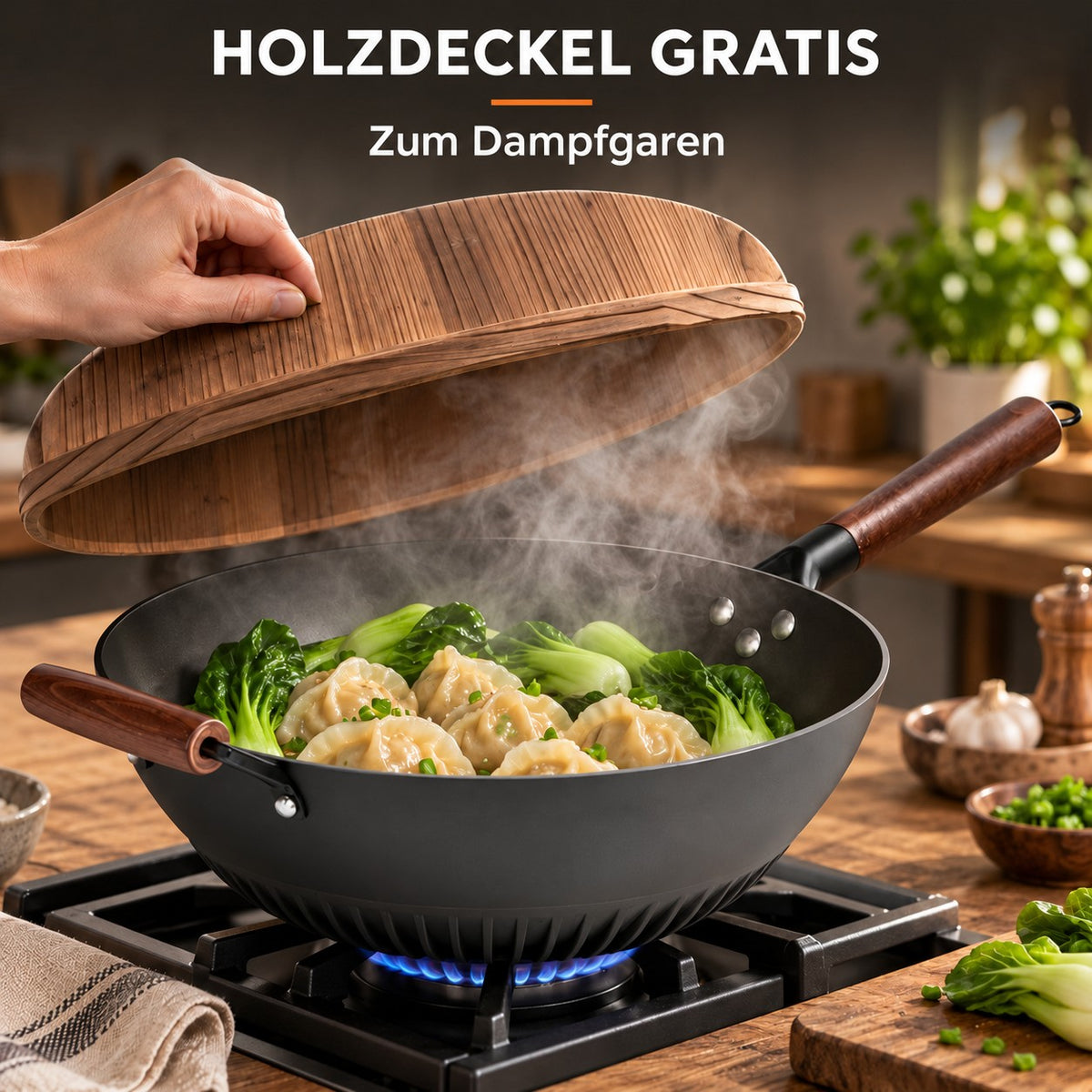Le Rausu – Wok Gusseisen mit Deckel, HOLZDECKEL GRATIS: Zum Dampfgaren