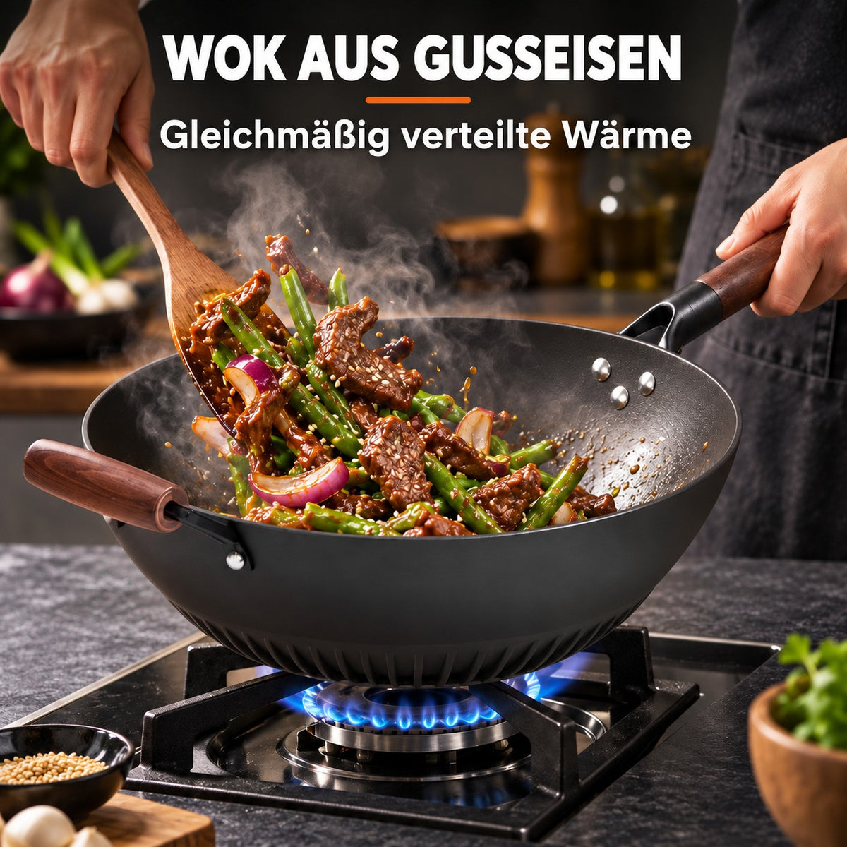 Le Rausu – Wok Gusseisen mit Deckel, WOK AUS GUSSEISEN: Gleichmäßig verteilte Wärme