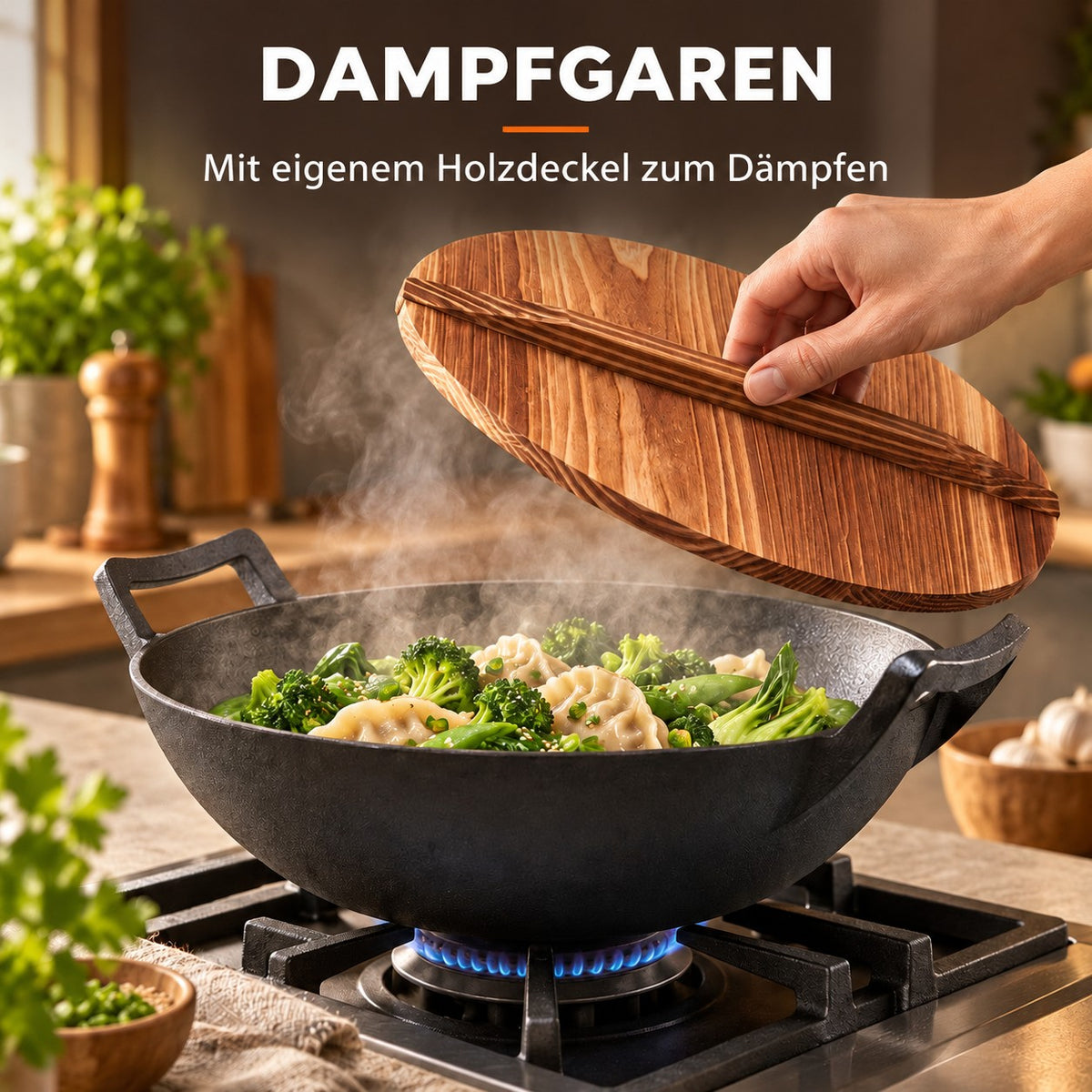Le Tekari – Wok Gusseisen Unbeschichtet, DAMPFGAREN: Mit eigenem Holzdeckel zum Dämpfen