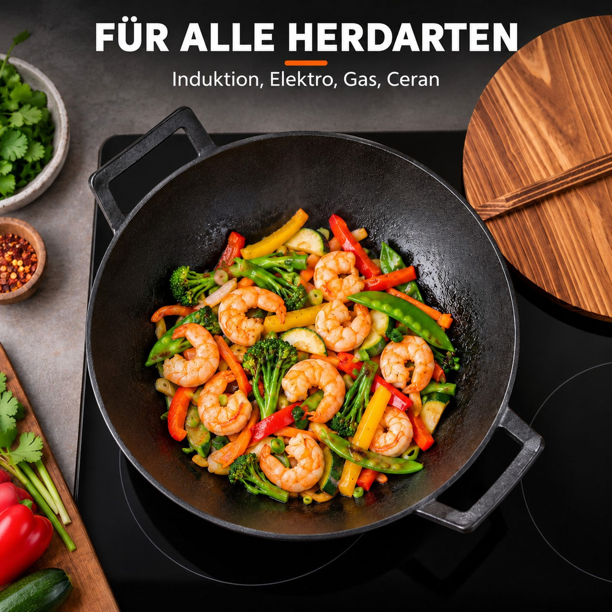 Le Tekari – Wok Gusseisen Unbeschichtet, FÜR ALLE HERDARTEN: Induktion, Elektro, Gas, Ceran