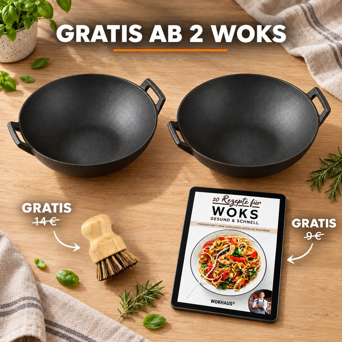 Le Tekari – Wok Gusseisen Unbeschichtet, GRATIS AB 2 WOKS: Bambusbürste (14 €), Rezeptbuch (9 €)