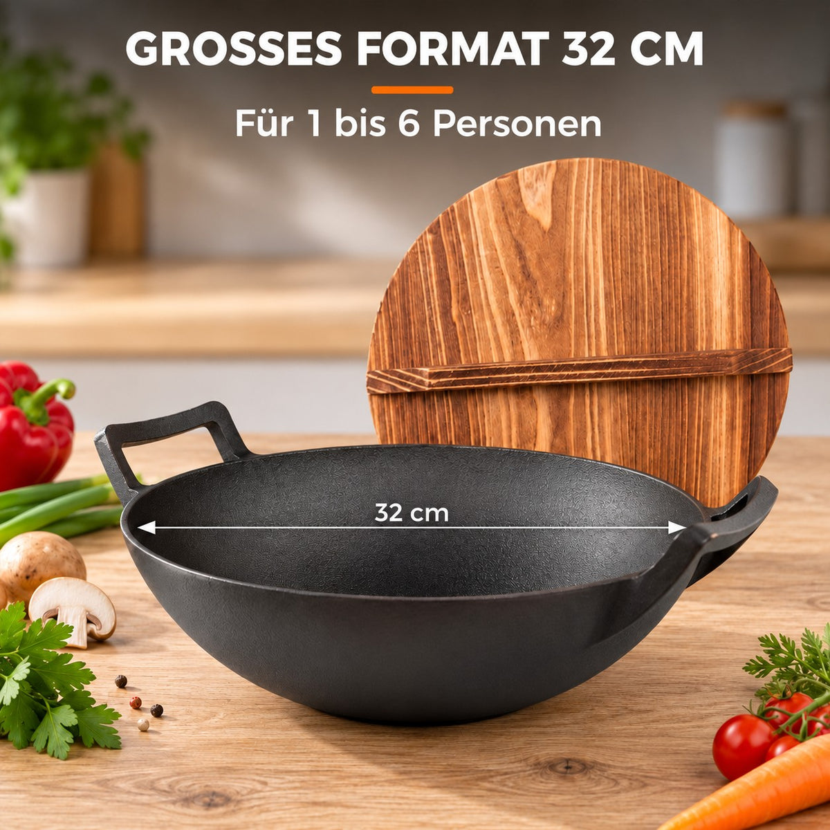 Le Tekari – Wok Gusseisen Unbeschichtet, GROSSES FORMAT 32 CM: Für 1 bis 6 Personen