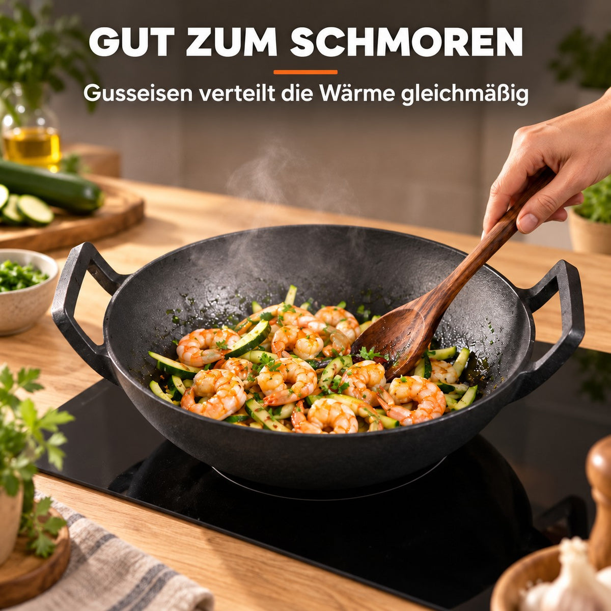 Le Tekari – Wok Gusseisen Unbeschichtet, GUT ZUM SCHMOREN: Gusseisen verteilt die Wärme gleichmäßig