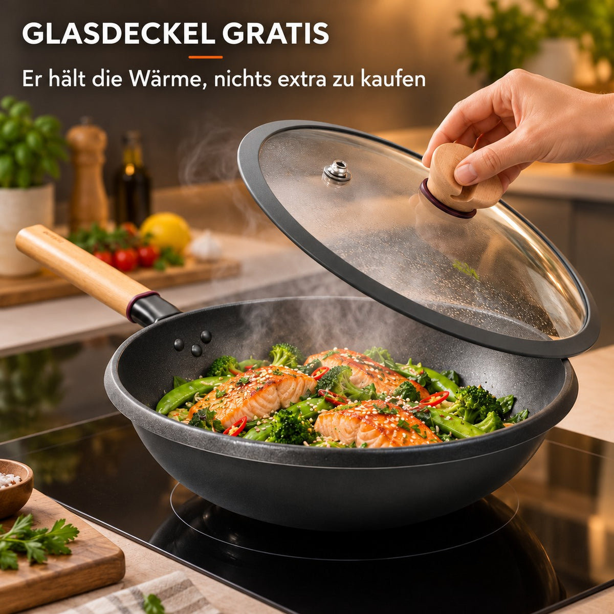 Le Amagi – Wok Induktion Antihaft, GLASDECKEL GRATIS: Er hält die Wärme, nichts extra zu kaufen