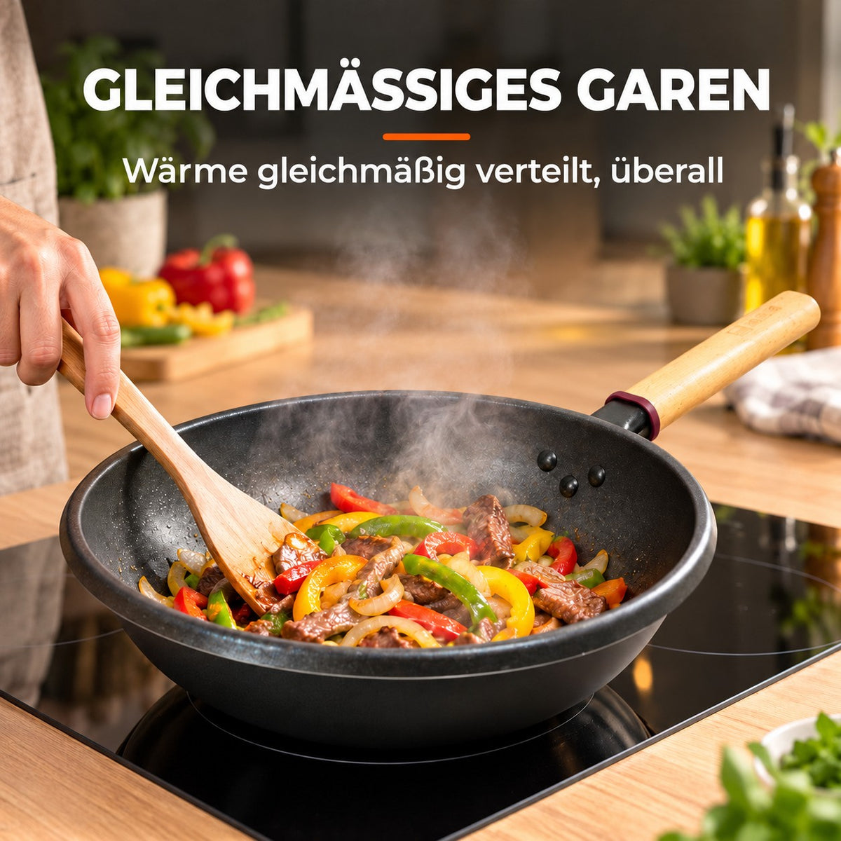 Le Amagi – Wok Induktion Antihaft, GLEICHMÄSSIGES GAREN: Wärme gleichmäßig verteilt, überall