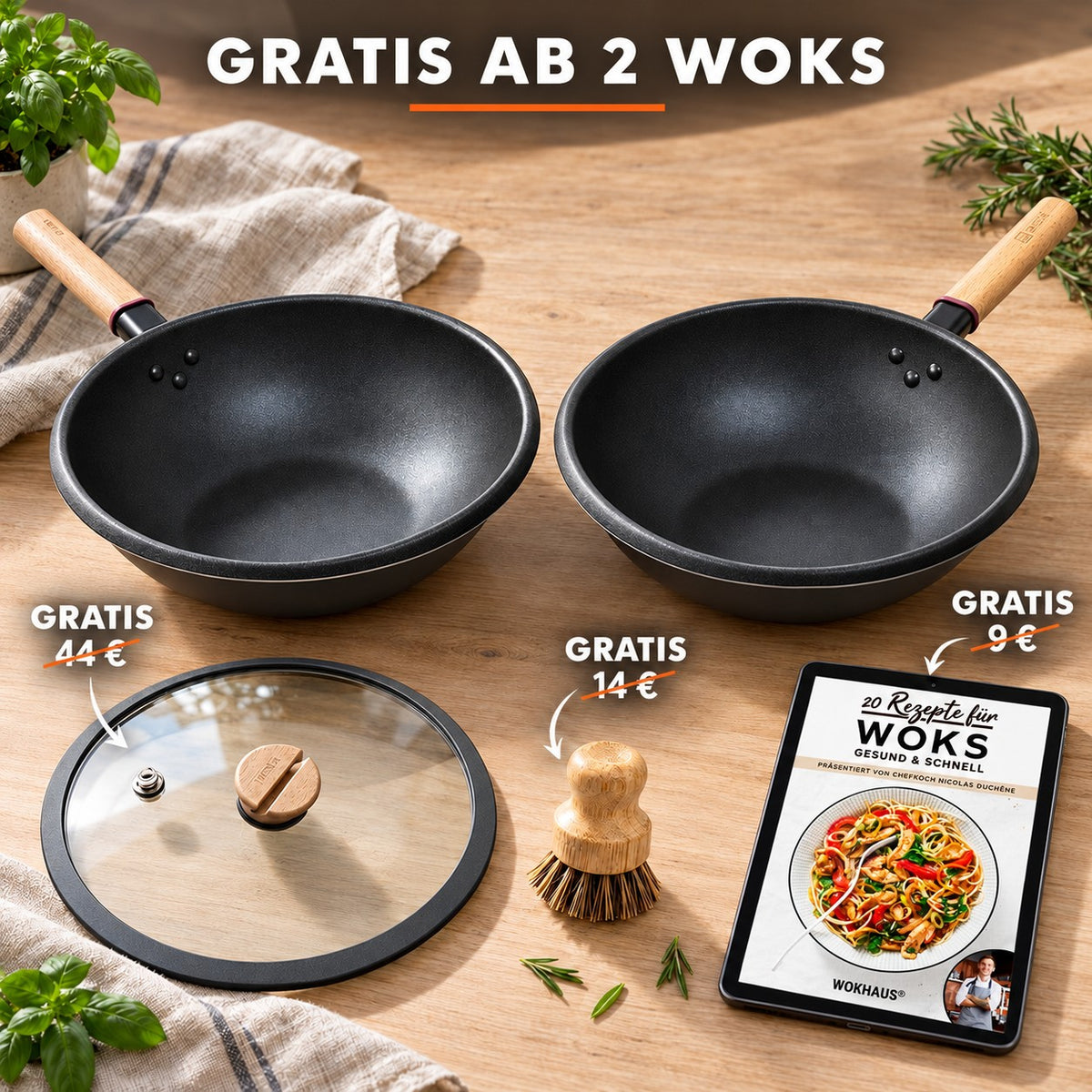 Le Amagi – Wok Induktion Antihaft, GRATIS AB 2 WOKS: Glasdeckel (44 €), Bambusbürste (14 €), Rezeptbuch (9 €)