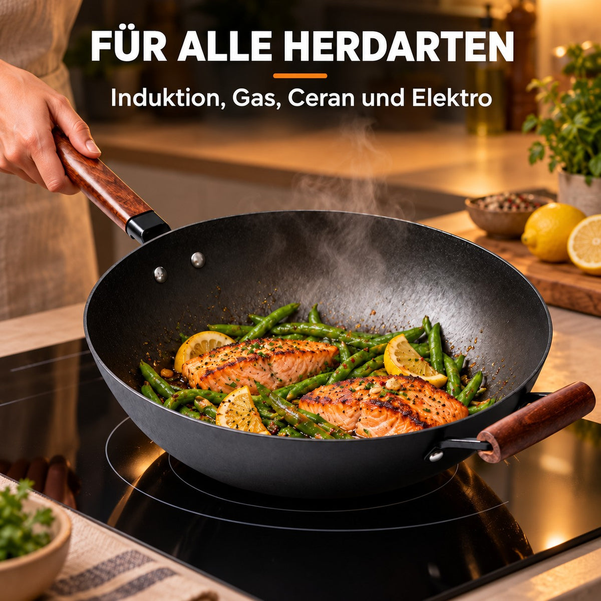 Le Tokaji – Wok Karbonstahl mit Antihaftbeschichtung, FÜR ALLE HERDARTEN: Induktion, Gas, Ceran und Elektro
