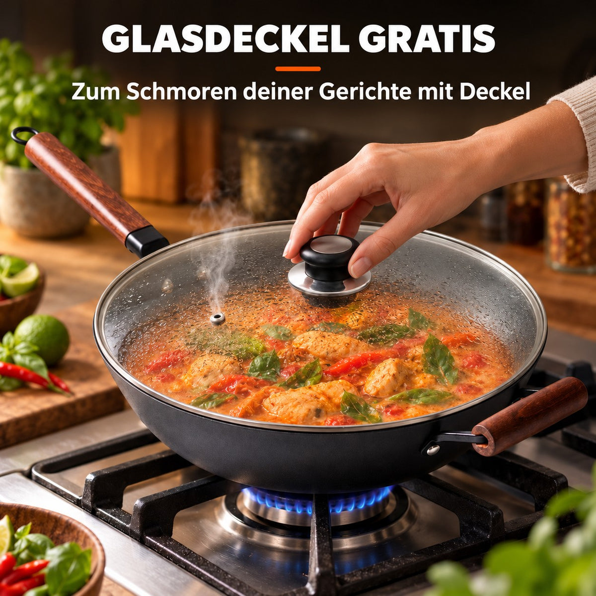 Le Tokaji – Wok Karbonstahl mit Antihaftbeschichtung, GLASDECKEL GRATIS: Zum Schmoren deiner Gerichte mit Deckel