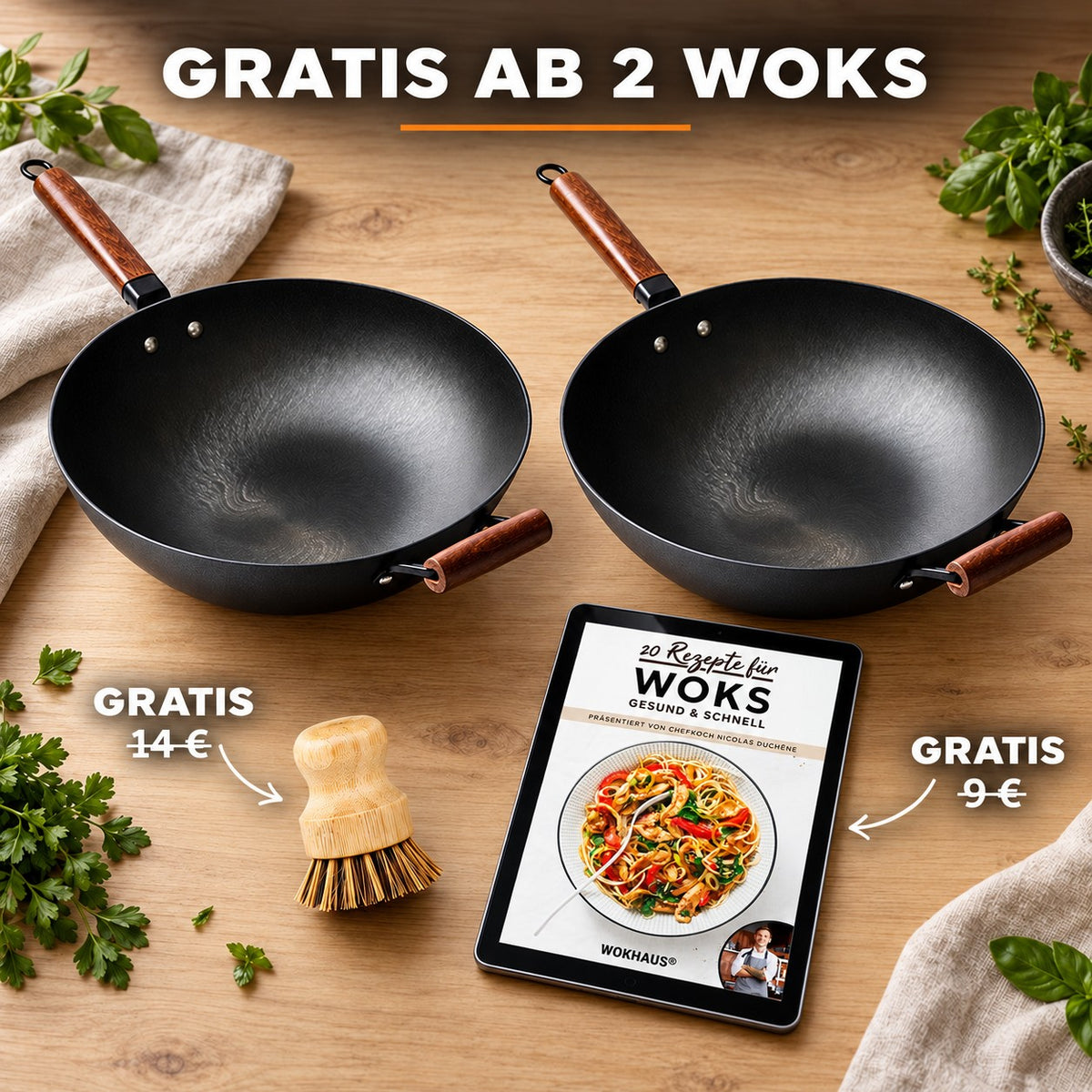 Le Tokaji – Wok Karbonstahl mit Antihaftbeschichtung, GRATIS AB 2 WOKS: Bambusbürste (14 €), Rezeptbuch (9 €)