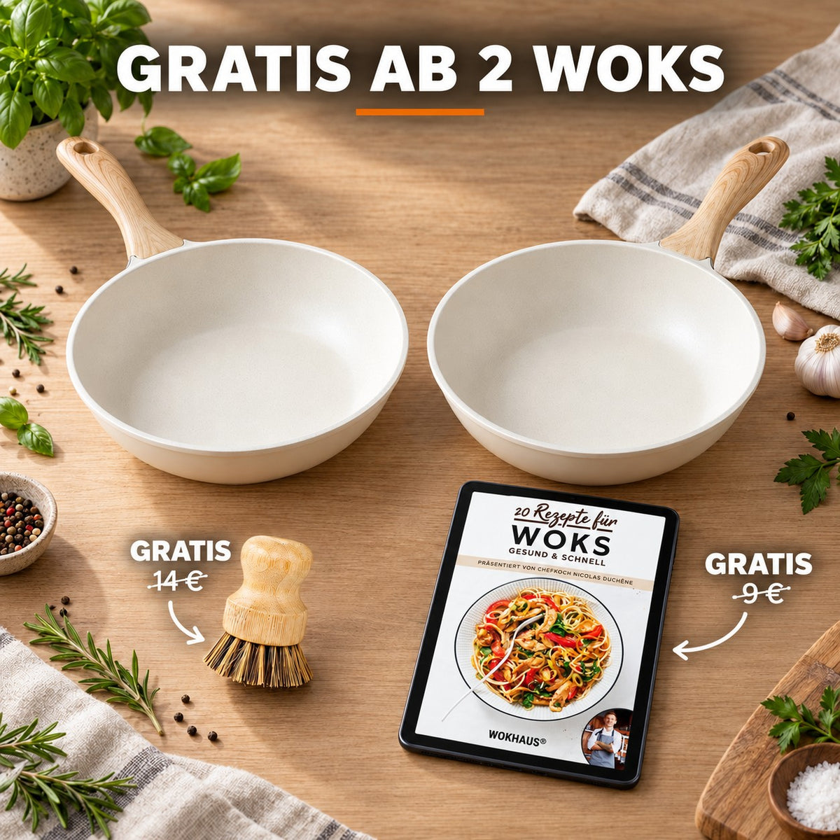 Le Myoko – Wok Keramik Induktion, GRATIS AB 2 WOKS: Bambusbürste (14 €), Rezeptbuch (9 €)