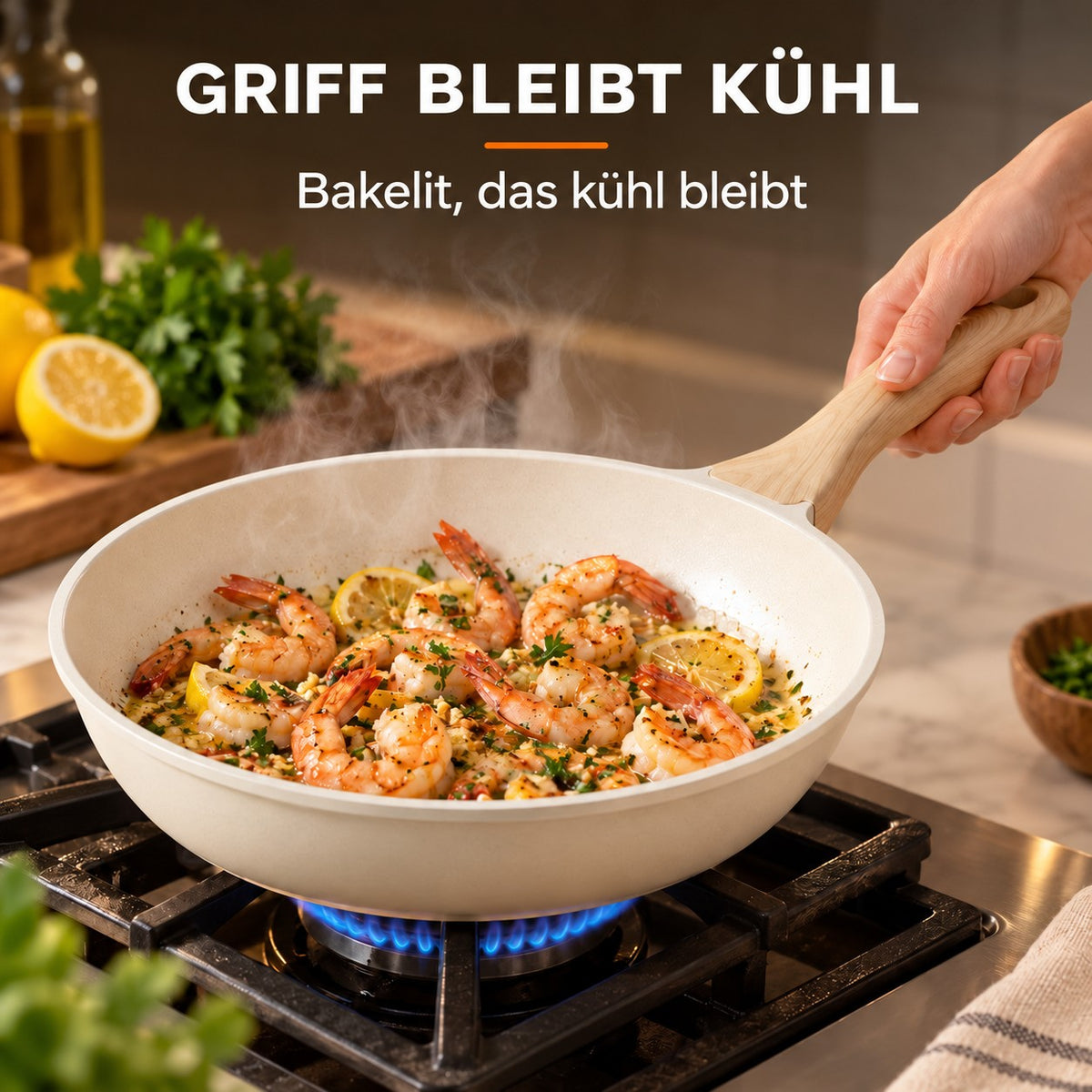 Le Myoko – Wok Keramik Induktion, GRIFF BLEIBT KÜHL: Bakelit, das kühl bleibt