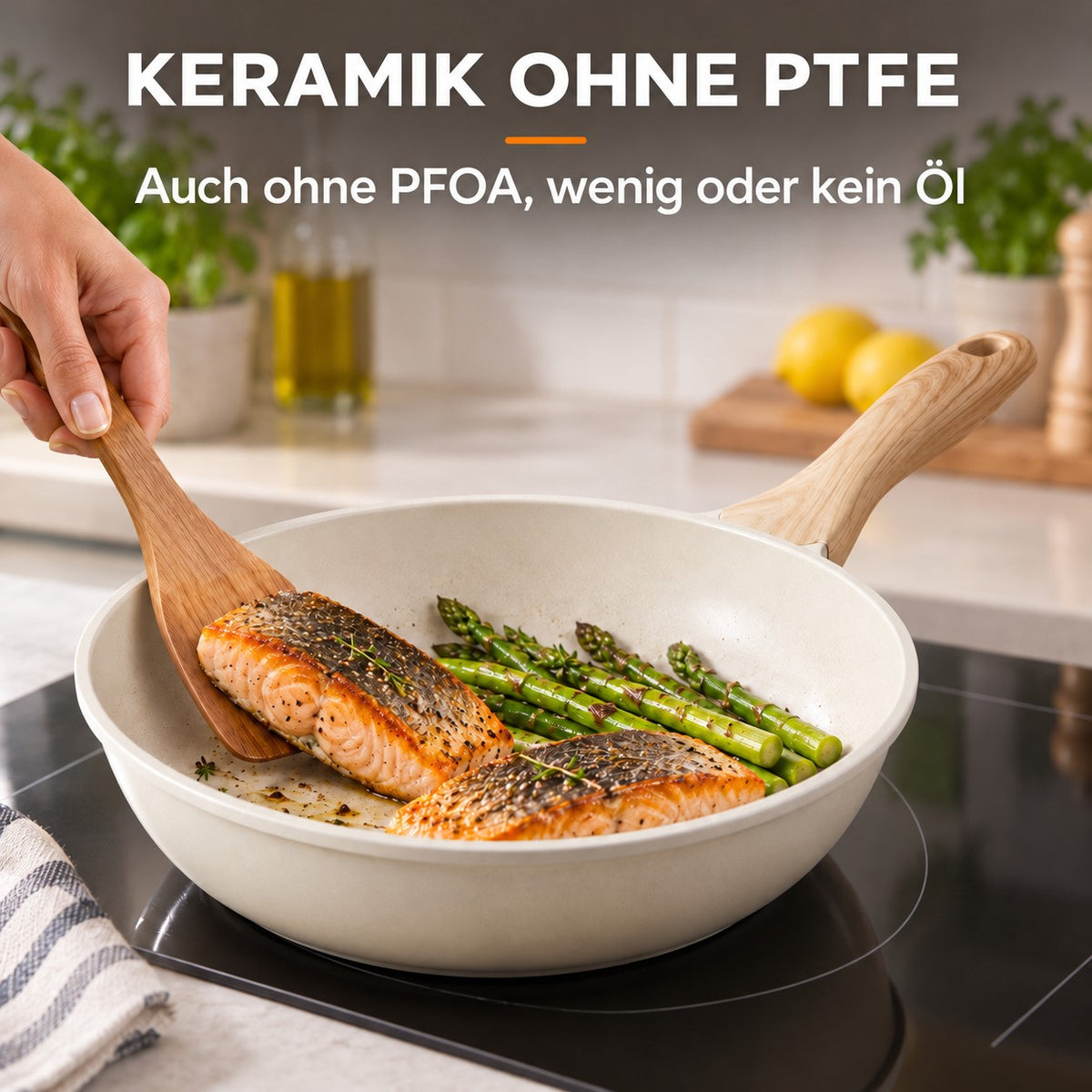 Le Myoko – Wok Keramik Induktion, KERAMIK OHNE PTFE: Auch ohne PFOA, wenig oder kein Öl