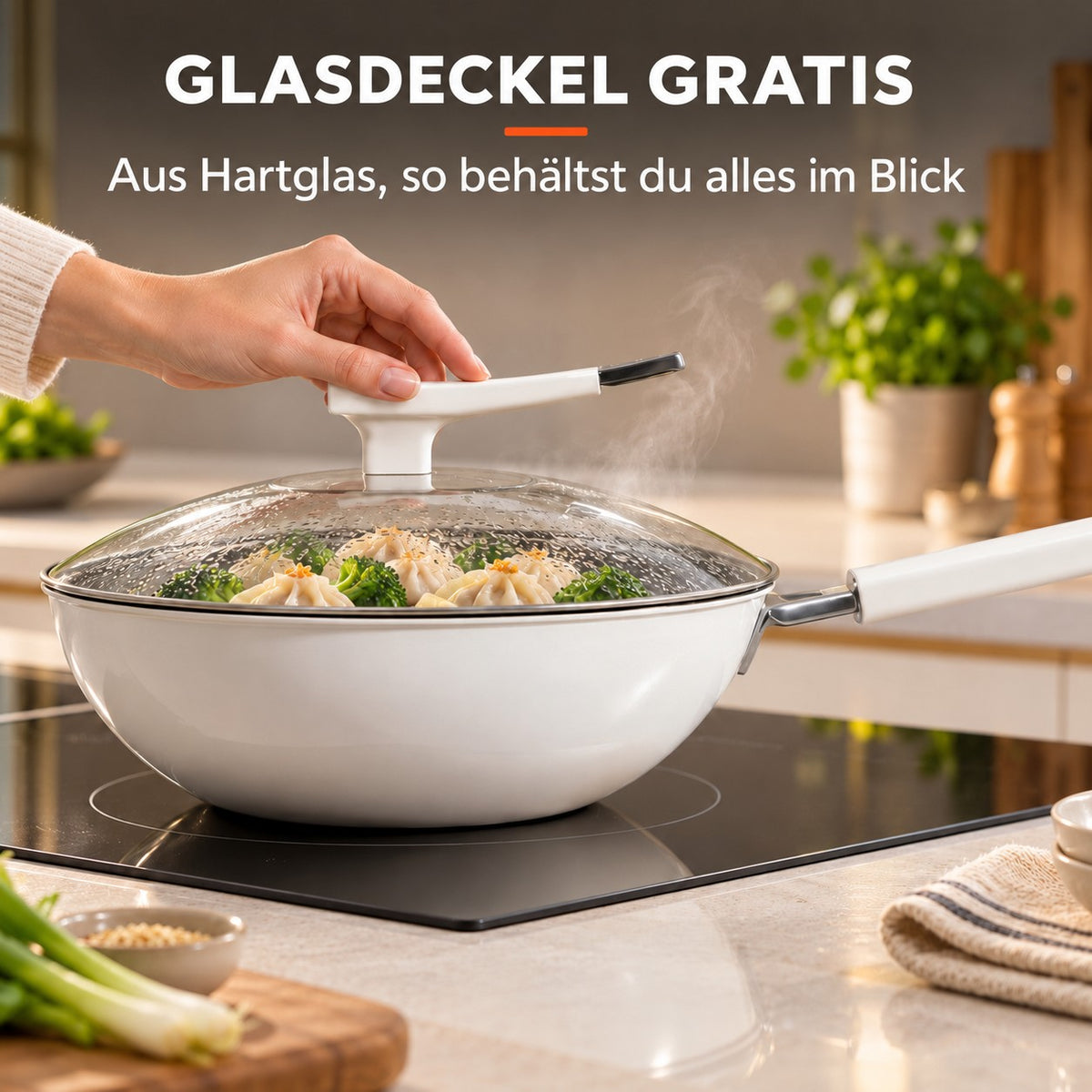 Le Asahidake – Wok Keramik Induktion, GLASDECKEL GRATIS: Aus Hartglas, so behältst du alles im Blick