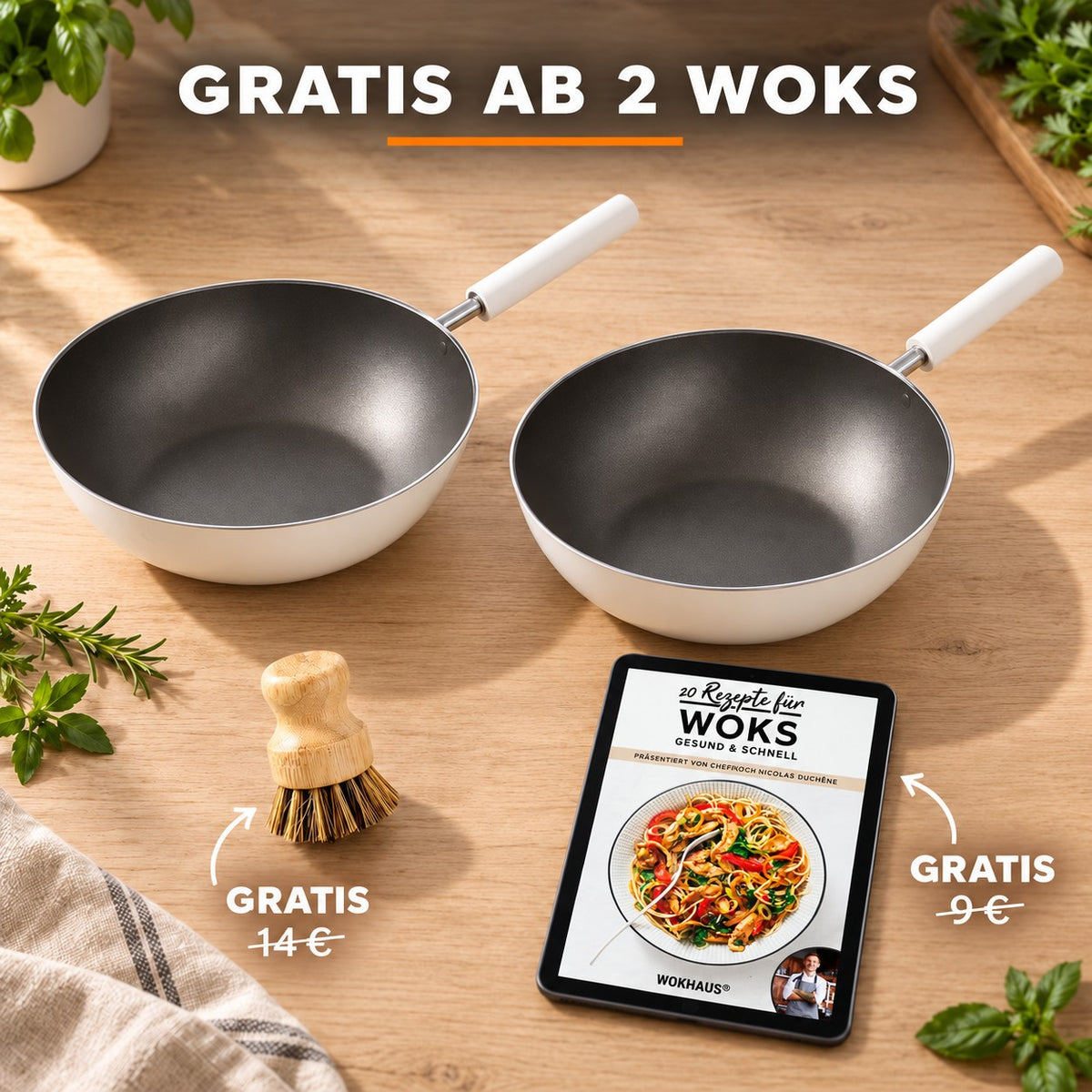 Le Asahidake – Wok Keramik Induktion, GRATIS AB 2 WOKS: Bambusbürste (14 €), Rezeptbuch (9 €)