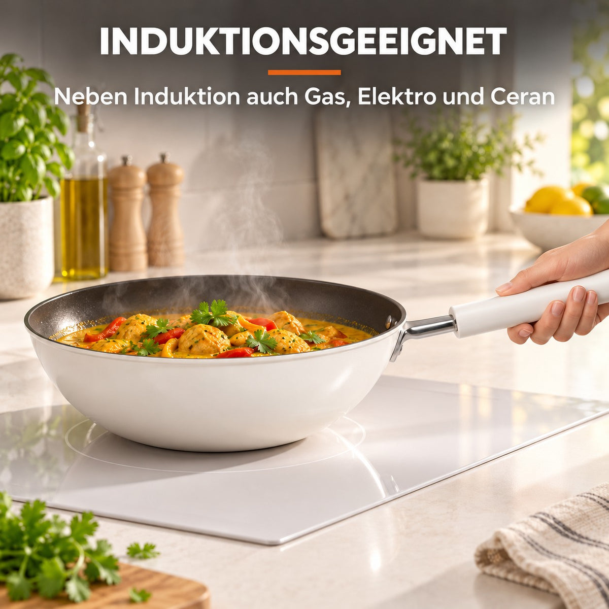 Le Asahidake – Wok Keramik Induktion, INDUKTIONSGEEIGNET: Neben Induktion auch Gas, Elektro und Ceran