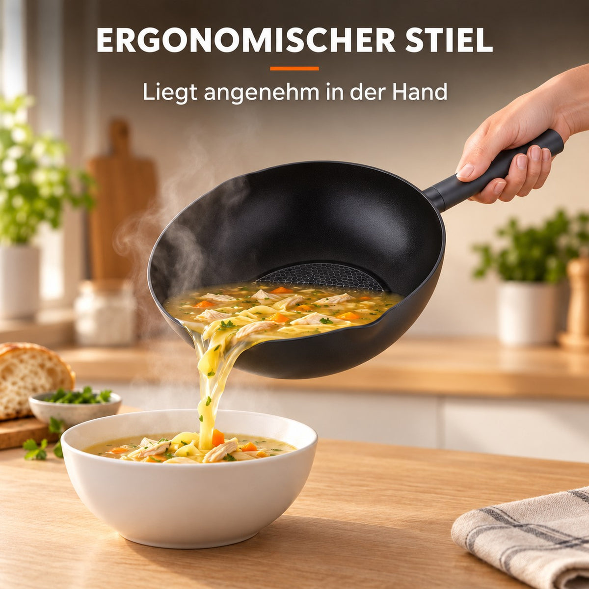 Le Caska – Wok Kohlenstoffstahl Induktion, ERGONOMISCHER STIEL: Liegt angenehm in der Hand
