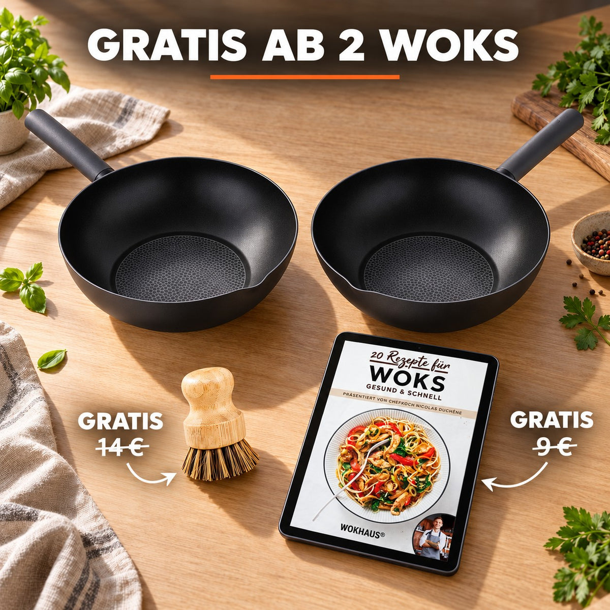 Le Caska – Wok Kohlenstoffstahl Induktion, GRATIS AB 2 WOKS: Bambusbürste (14 €), Rezeptbuch (9 €)