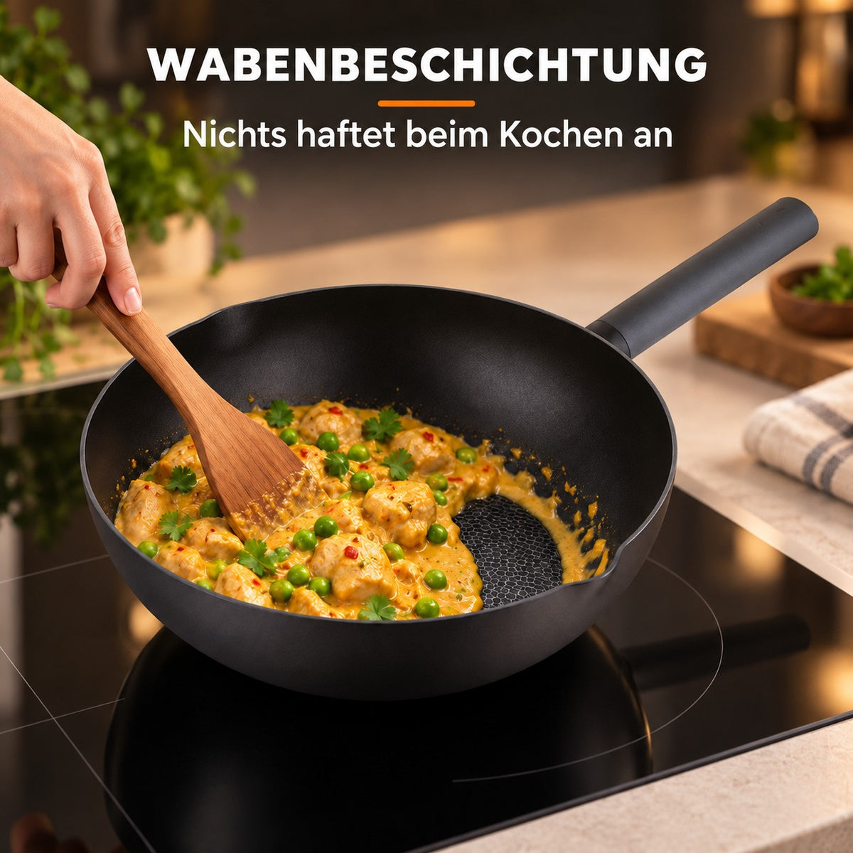 Le Caska – Wok Kohlenstoffstahl Induktion, WABENBESCHICHTUNG: Nichts haftet beim Kochen an