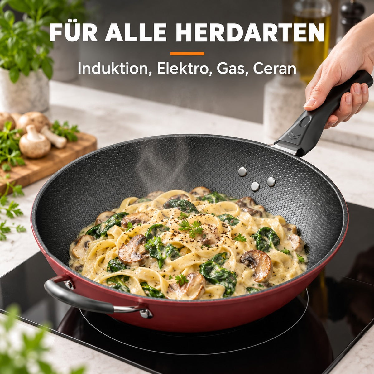 Le Korami – Wok mit Wabenbeschichtung, FÜR ALLE HERDARTEN: Induktion, Elektro, Gas, Ceran