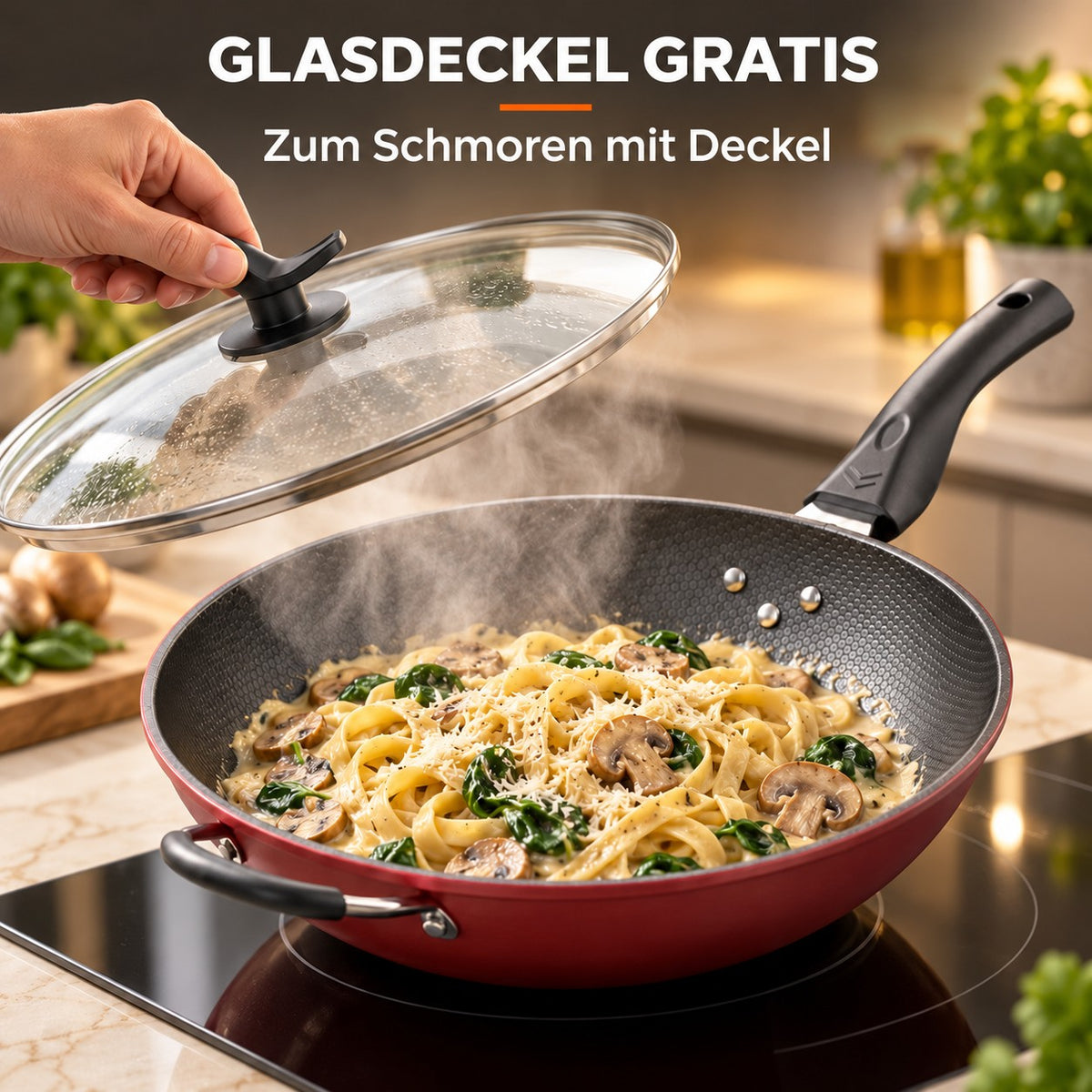 Le Korami – Wok mit Wabenbeschichtung, GLASDECKEL GRATIS: Zum Schmoren mit Deckel
