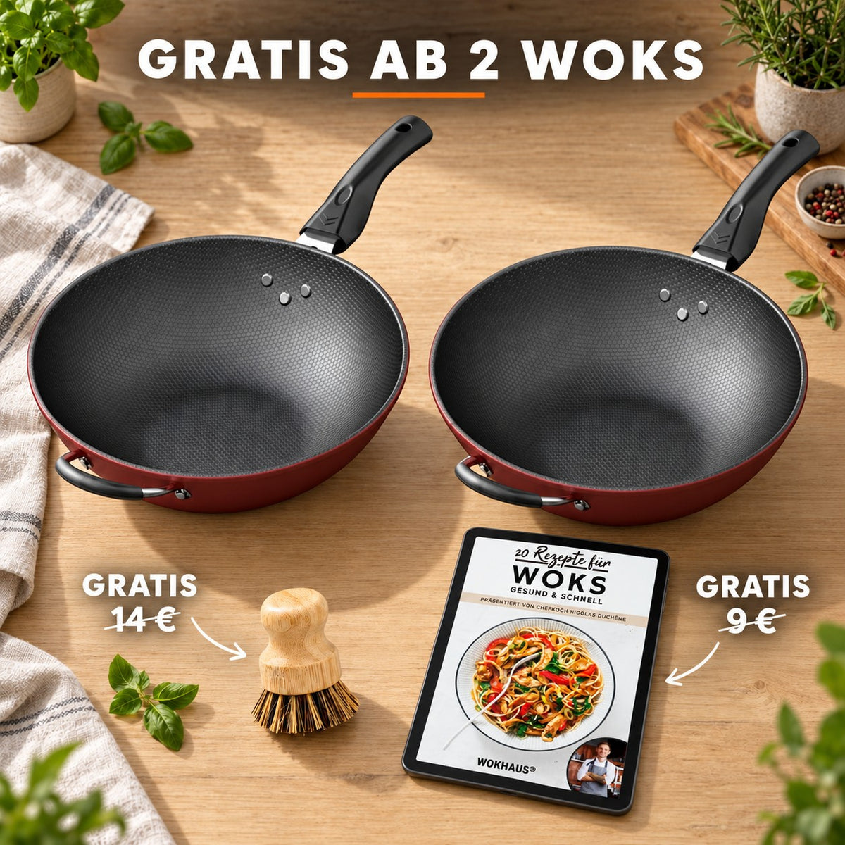 Le Korami – Wok mit Wabenbeschichtung, GRATIS AB 2 WOKS: Bambusbürste (14 €), Rezeptbuch (9 €)