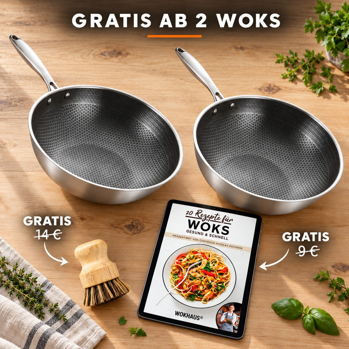 Le Dojuka – Wok ohne Beschichtung Induktion, GRATIS AB 2 WOKS: Bambusbürste (14 €), Rezeptbuch (9 €)
