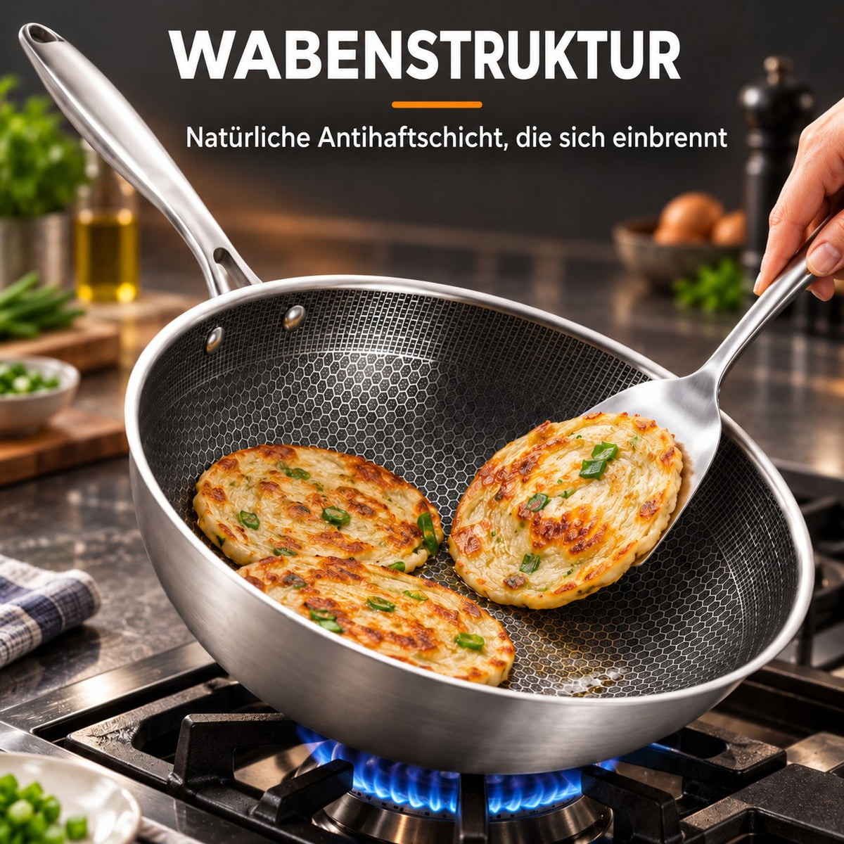 Le Dojuka – Wok ohne Beschichtung Induktion, WABENSTRUKTUR: Natürliche Antihaftschicht, die sich einbrennt