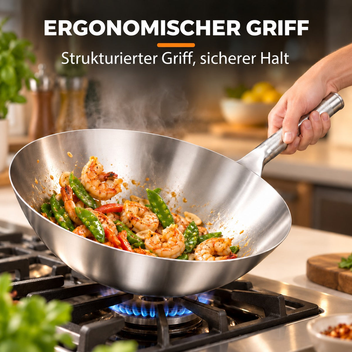 Le Soyak – Wok ohne PFAS, ERGONOMISCHER GRIFF: Strukturierter Griff, sicherer Halt