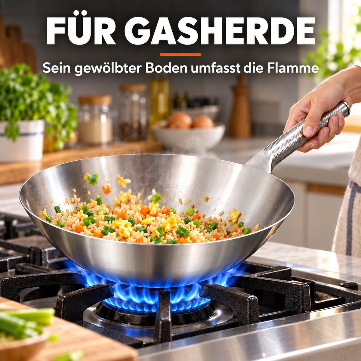 Le Soyak – Wok ohne PFAS, FÜR GASHERDE: Sein gewölbter Boden umfasst die Flamme