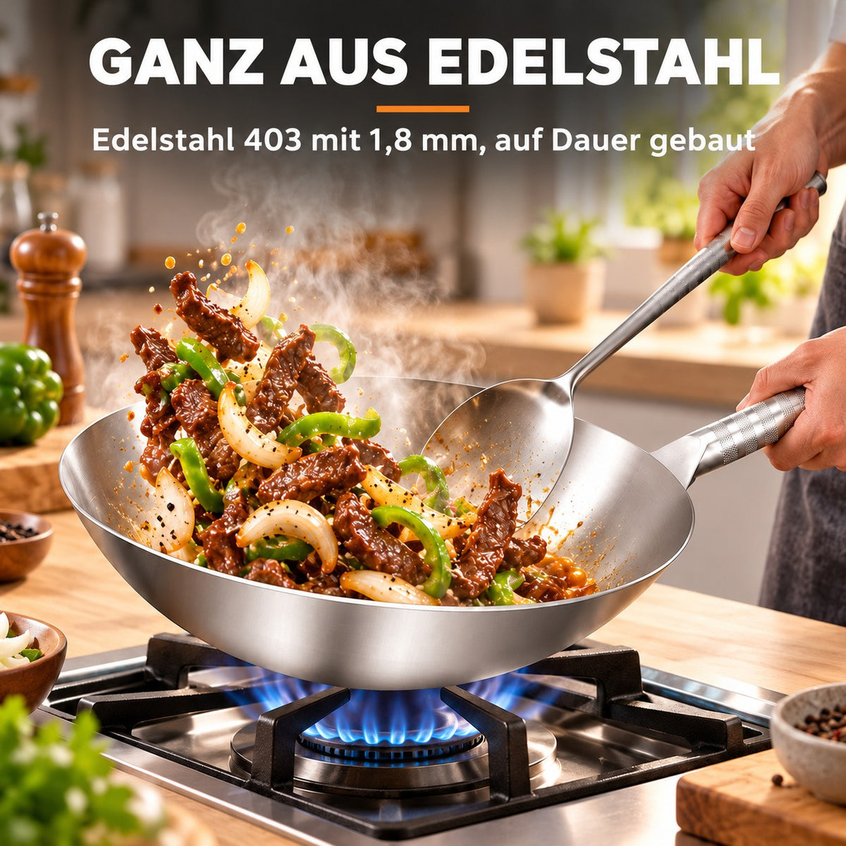 Le Soyak – Wok ohne PFAS, GANZ AUS EDELSTAHL: Edelstahl 403 mit 1,8 mm, auf Dauer gebaut