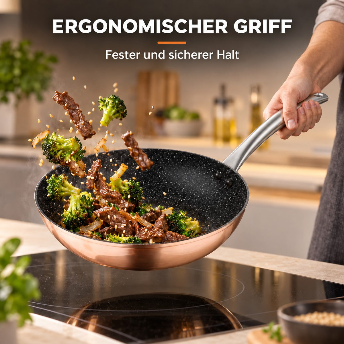 Le Monska – Wok Pfanne Carbonstahl, ERGONOMISCHER GRIFF: Fester und sicherer Halt
