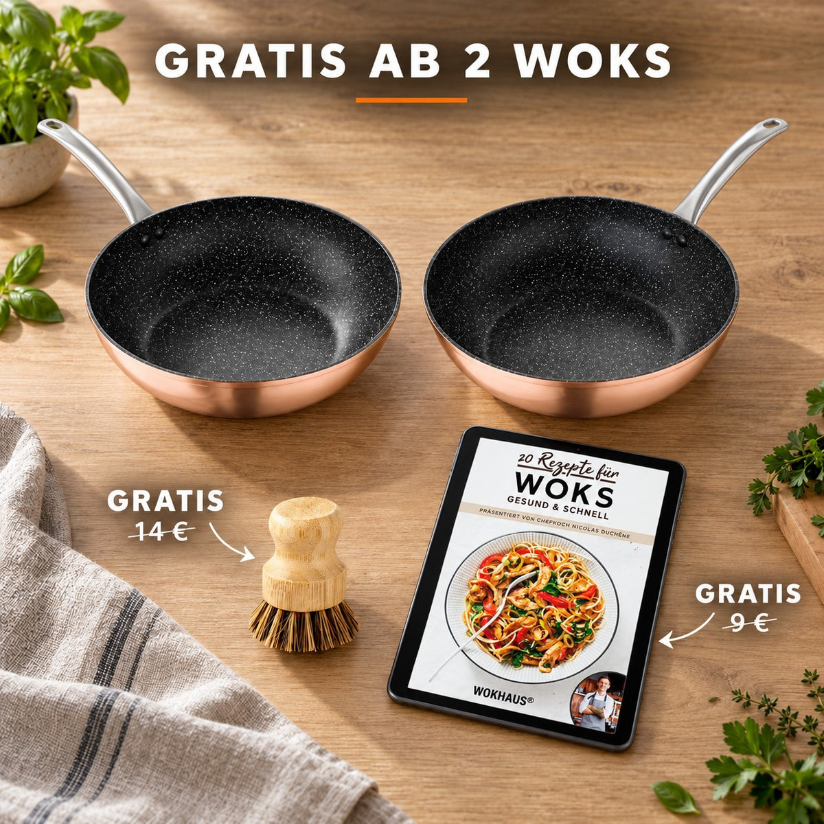 Le Monska – Wok Pfanne Carbonstahl, GRATIS AB 2 WOKS: Bambusbürste (14 €), Rezeptbuch (9 €)