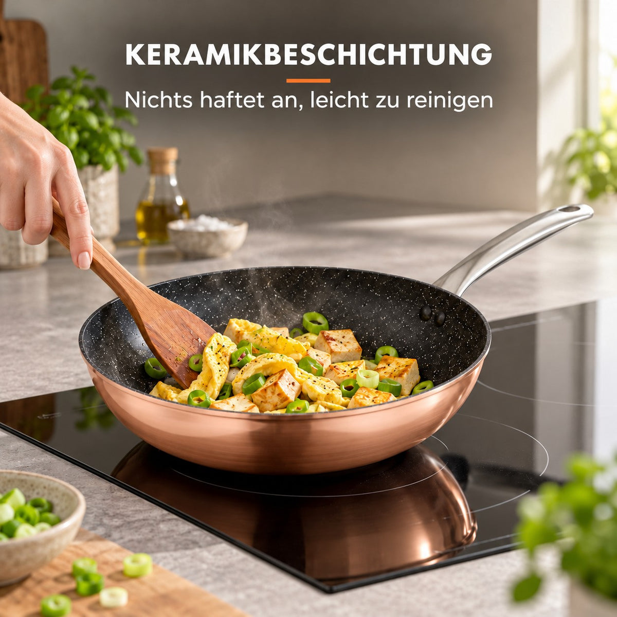 Le Monska – Wok Pfanne Carbonstahl, KERAMIKBESCHICHTUNG: Nichts haftet an, leicht zu reinigen