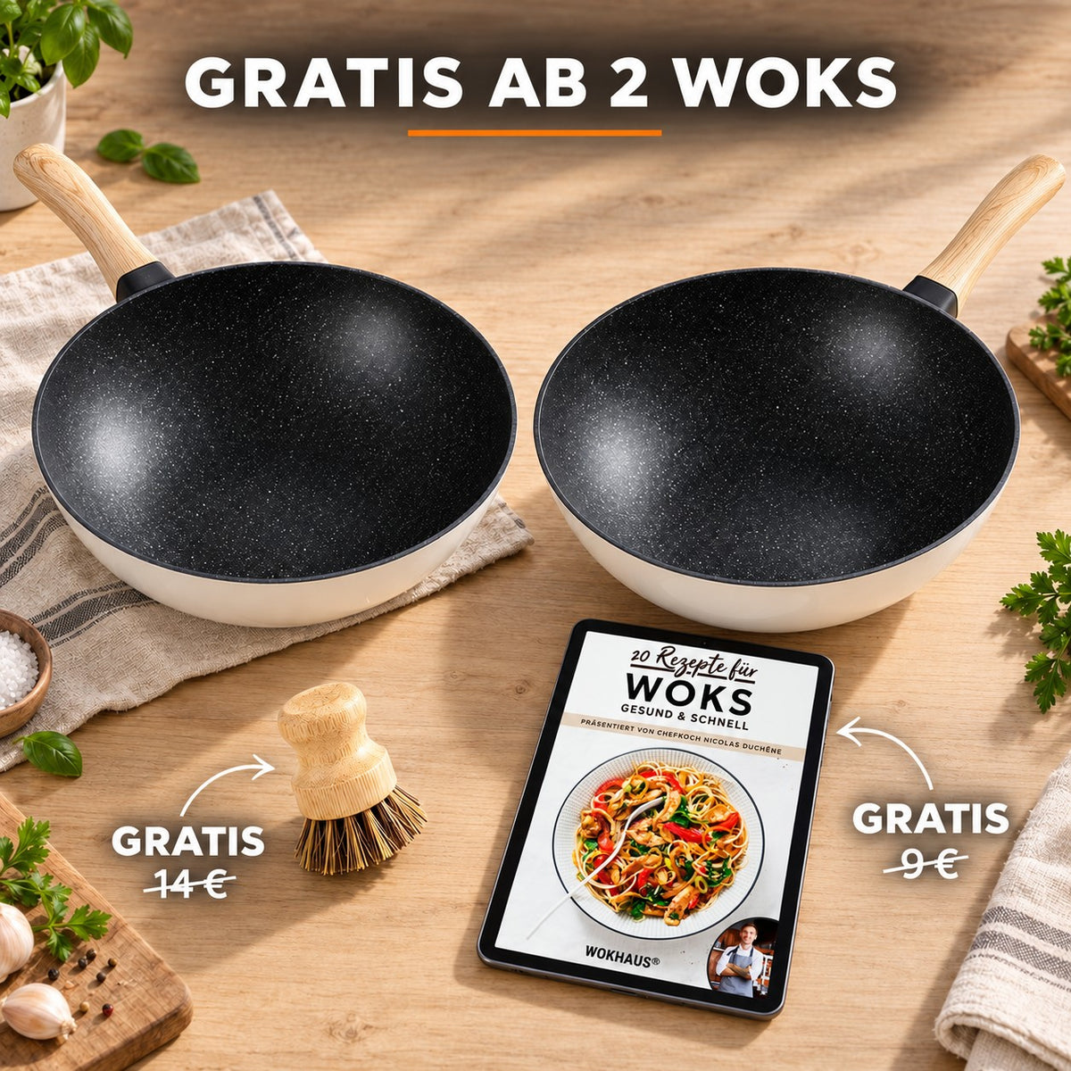 Le Tarumi – Wok Pfanne Keramikbeschichtung, GRATIS AB 2 WOKS: Bambusbürste (14 €), Rezeptbuch (9 €)