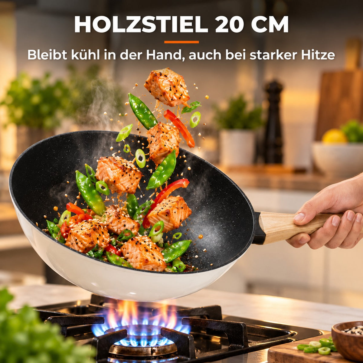 Le Tarumi – Wok Pfanne Keramikbeschichtung, HOLZSTIEL 20 CM: Bleibt kühl in der Hand, auch bei starker Hitze