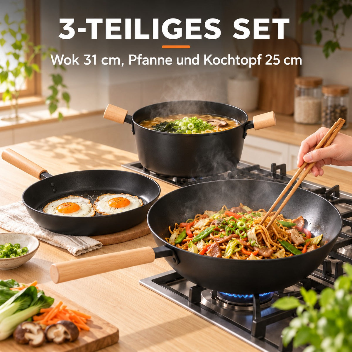 Le Sekiro – Wok Pfanne Set, 3-TEILIGES SET: Wok 31 cm, Pfanne und Kochtopf 25 cm