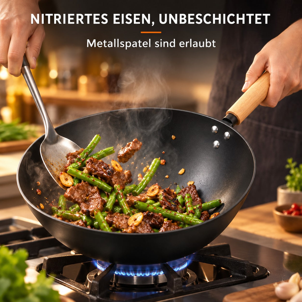 Le Sekiro – Wok Pfanne Set, NITRIERTES EISEN, UNBESCHICHTET: Metallspatel sind erlaubt