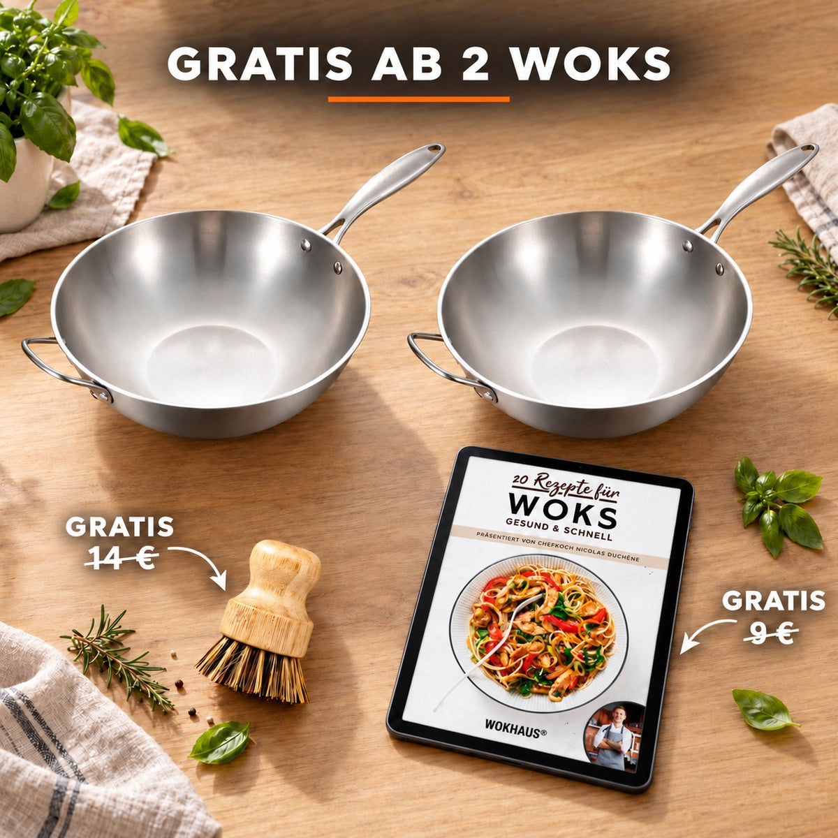 Le Kaimon – Wok PFOA Frei Induktion, GRATIS AB 2 WOKS: Bambusbürste (14 €), Rezeptbuch (9 €)