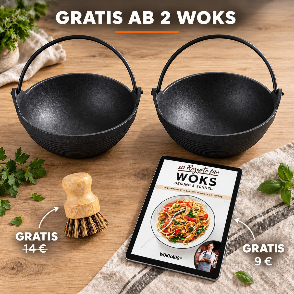 Le Kang – Wok Schale Gusseisen, GRATIS AB 2 WOKS: Bambusbürste (14 €), Rezeptbuch (9 €)