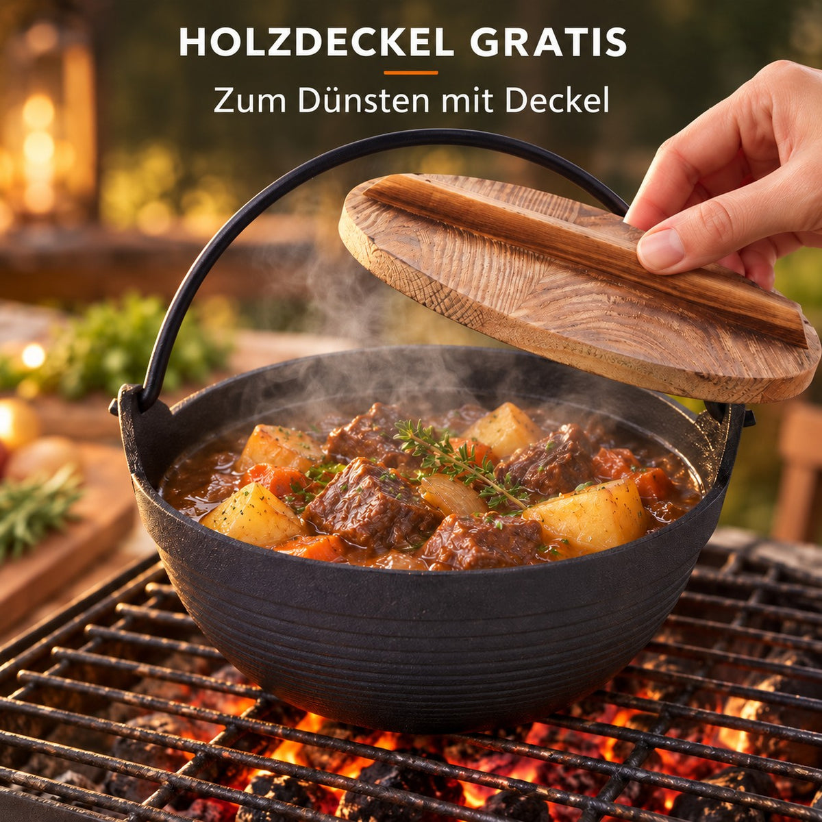 Le Kang – Wok Schale Gusseisen, HOLZDECKEL GRATIS: Zum Dünsten mit Deckel