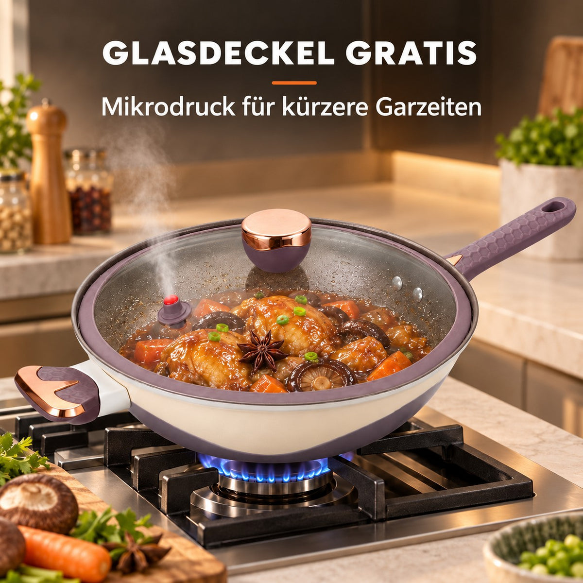 Le Hakusan – Wok Schmiedeeisen, GLASDECKEL GRATIS: Mikrodruck für kürzere Garzeiten
