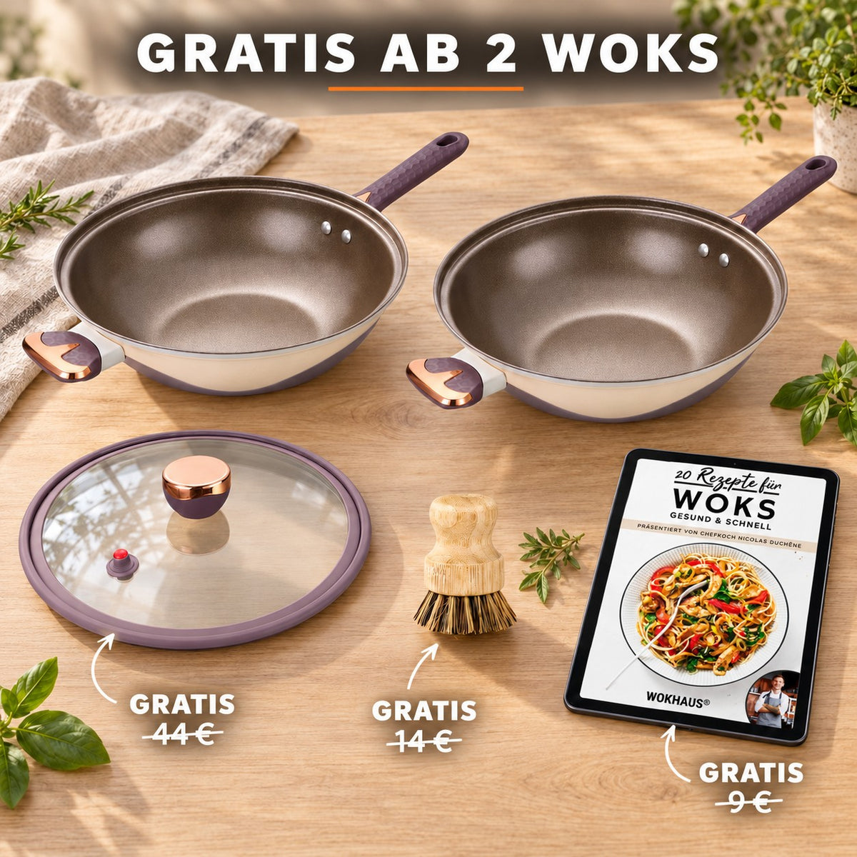 Le Hakusan – Wok Schmiedeeisen, GRATIS AB 2 WOKS: Glasdeckel (44 €), Bambusbürste (14 €), Rezeptbuch (9 €)